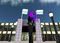 A player's avatar stands infront of the virtual campus of Coventry University in Second Life